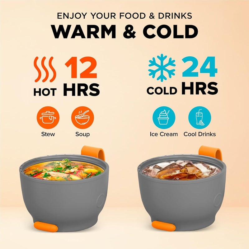 ENERGIFY Vacuum Insulated Food Jar. Large 17oz Bowl incl. Folding Spoon, Cup. Wide Mouth Keep Hot & Cold Drinks Soup Lunch Container for Adults. BPA-Free Stainless Steel, Leak Proof Orange - Image 3